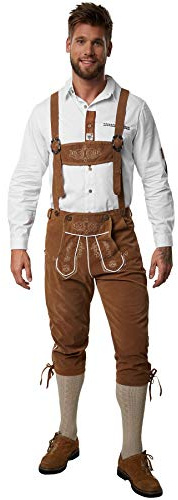 dressforfun 900815 Männer Lederhose mit Träger, Kniebund Hose in klassischer Optik, mit dezenten Stickereien, braun - Diverse Größen - (S| Nr. 302835)