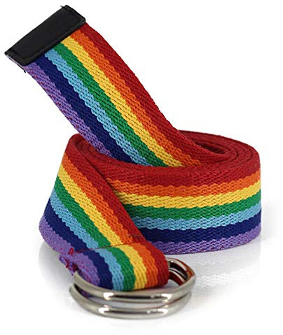 AIBEARTY Canvas Web Double D Ring Plaid Belt Silver Buckle Long Waistband for Women Men Teens (Rainbow)