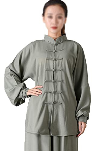 ZHOUXIAO Baumwollleinen Taichi Uniform Frau Stretch Martial Arts Anzug Kung Fu Kleidung Zen Meditation Kleidung Morning Übungen Kleidung Langarm Jacke Hemd Hosen Green-XL