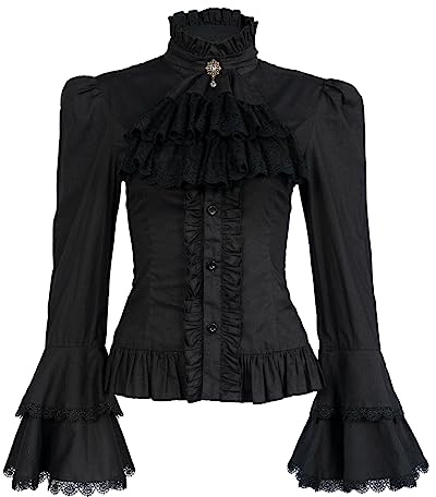 Victorian Blouse Womens Gothic Pirate Shirt Vintage Long Sleeve Lotus Ruffle Tops, 010 Black, L
