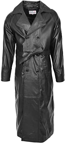 Abrigo de cuero real para hombre con doble botonadura Trench Pete Black, Negro, M