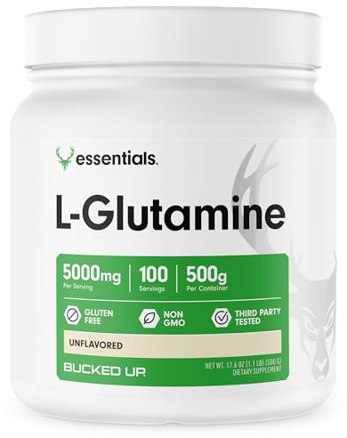 Bucked Up L-Glutamine 500g Powder, Gluten-Free, Non-GMO, Unflavored (100 Servings)