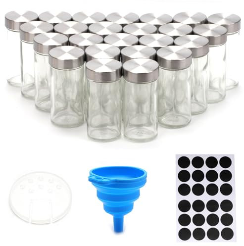 AyeVision 24 Pieces Glass Spice Jar Bin Set 100ML, Spice Dispenser Bottle 3.5oz Seasoning Condiment Storage Container Spice Shaker Organizer Canisters with Shaker Lids Labels Funnel Brush