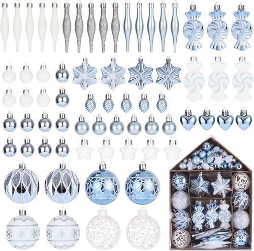 73 Stück Weihnachtskugeln,Birshe Christbaumkugeln Weihnachtskugeln Kunststoff Weihnachtsbaumschmuck Weihnachtsbaum Deko Baumschmuck für Weihnachtsbaum Christbaumschmuck Hochzeitsdekoration Blaue Weiße