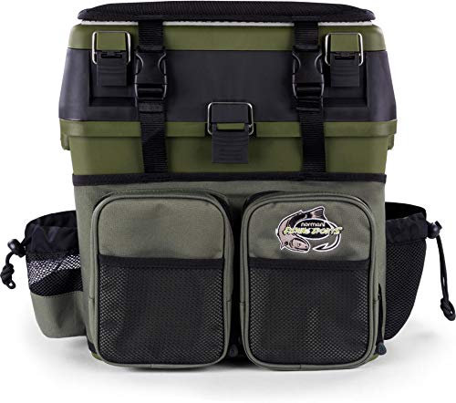 Angelkoffer Angelbox Angeltasche gepolsterte Sitzkiepe Sitzfunktion Gerätekasten mit Rucksackfunktion und aufgesetzen Taschen - inklusive 4 Tackle-Boxen für Angelzubehör Farbe Dunkelgrün