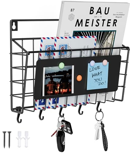 Baeymonkay Easy Assembly and Installation Iron Key Holder Wall Mount, Mail Organizer for Wall, Matte Black Finish, Extra Large Storage Space for Mail, Mail Holder Features 5 Hooks, Key Rack Hanger