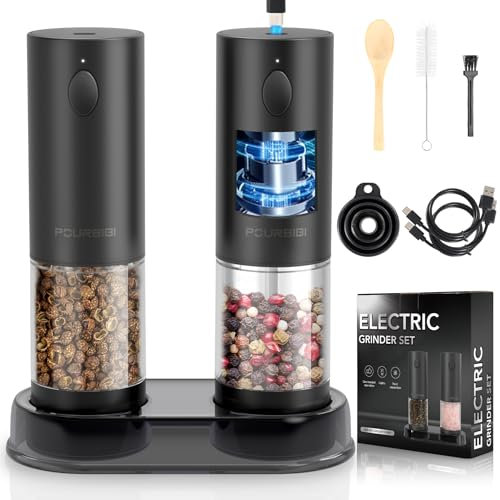 Pourbibi Macina Sale e Pepe Elettrico Set da 2 a Batteria - Macinaspezie con Base, Luce LED Bianca e Rugosità Regolabile