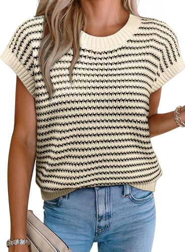 EVALESS Women's Knit Sweater Striped Vest Cap Sleeve Casual 2026 Summer Fashion Teacher Round Neck Ribbed Pullover Top Apricot Medium