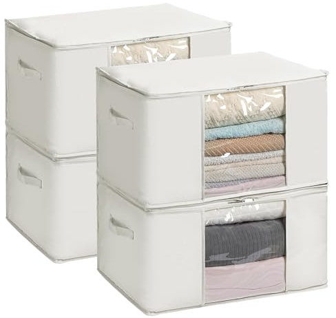 TYEERS Contenitori per Armadio in Tessuto Misto Cotone, con Cerniera e Finestra Trasparente, Sacchi per Vestiti Stagionali e Biancheria da Letto, 60x40x35 cm, Confezione da 4, Beige