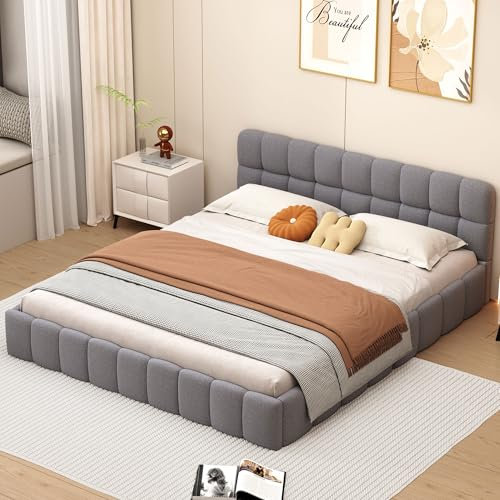 KeepGoon Polsterbett Doppelbett 140x200,Jugendbett,Flaches Bett mit weicher Rückenlehne,Familienbett mit Polsterumrandung,Lattenrost Leinen Beige,ohne Matratze (Grau)