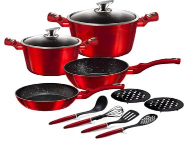 Wintem Set 12 Pentole e Padelle Rosse Antiaderenti in Alluminio con 4 Utensili da Cucina e Comodi Coperchi in Vetro Temperato - Compatibile con Tutti i Piani Cottura Come a Gas, Induzione ed Elettico
