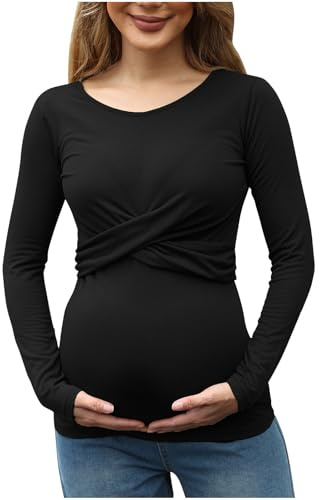 Vêtements de Maternité Femme Hauts d'allaitement Femme Couleur Unie Pull Femme Manches Longues Col Rond Tee Shirt Enceinte Femme T-Shirt de Grossesse Femme Respirant Tops Doux et Confortables
