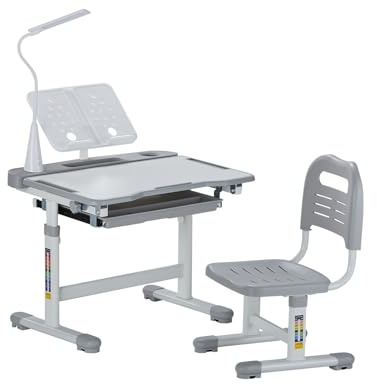 VEVOR Set Scrivania e Sedia da Lavoro per Bambini, Tavolo da Lavoro e Sedia per Bambini con Lampada da Tavolo, Piano Scrivania Inclinato 0 a 40° Altezza Regolabile, per Camera da Letto Studio, Grigio