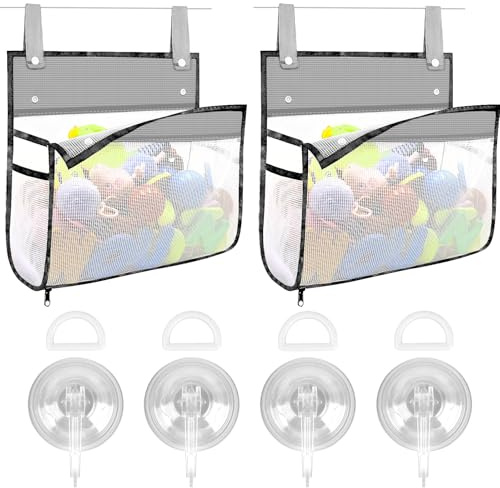 Linkidea Pack de 2 Bolsas Almacenamiento Baño de Malla para Viajes, Organizadores Portátiles con Ganchos de Ventosa, Gran Capacidad para Artículos Tocador, Accesorios de Baño, Ducha, Camping, RV, Gris