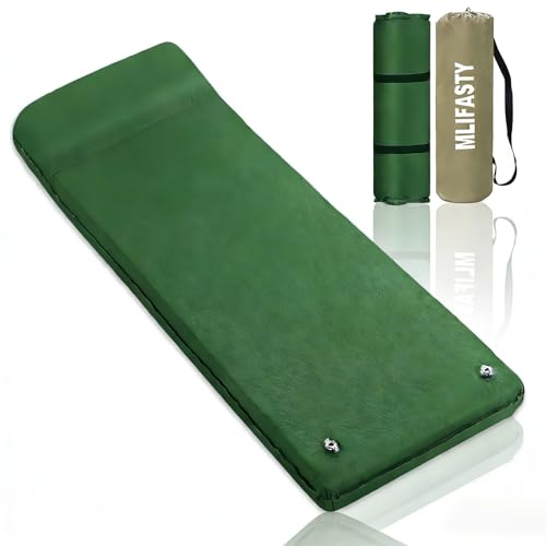 Mlifasty Self Inflating Sleeping Pad, 3 Ultra-Thick Memory Foam Sleeping Mats for Camping, Automatic Inflate&Deflate, Insulated Camping Mattress Pad with Pillow for Camp/Travel/Car/Tent, Dark Green