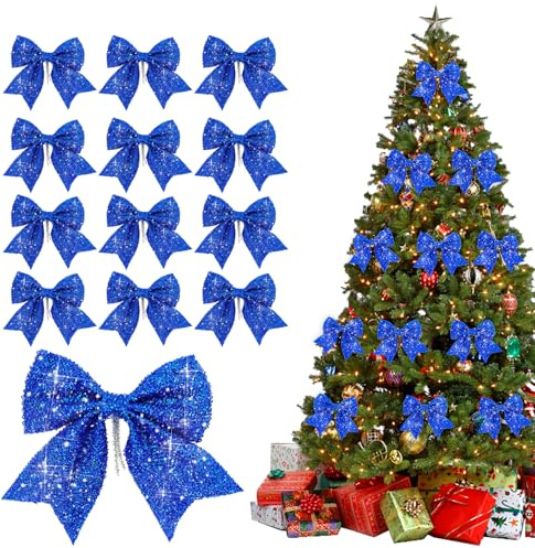 FePen Fiocchi Albero di Natale, 12 Pezzi Fiocchi Natalizi Glitterati, Decorazioni Albero di Natale, Addobbi Albero di Natale, per Natrimoni, Celebrazioni, Regalo Decorare (Blu)