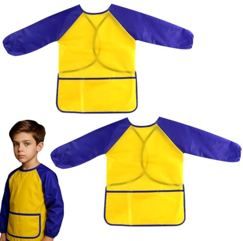HABNI 2 Pezzi Grembiule Pittura Bambini Camice Da Pittura Per Bambini Dai 5 Agli 8 Anni Grembiule Da Pittura Con 3 Tasche A Maniche Lunghe Giallo