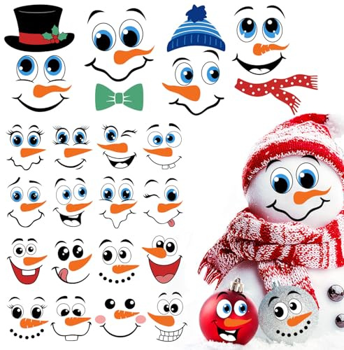36pcs Snowman Face Stickers for Crafts Christmas Ornaments, Vinyl Rub on Transfers UV Decals, Cute Snowman Face Stickers for Xmas Winter Holiday Window Glass Cups Balls Jars Home Decorations