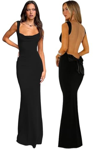 JYIXXZX Vestito Lungo Donna Sexy Maxi Abito Senza Schienale Aderente Vestito da Cerimonia Senza Maniche con Fiocco Vestiti Estate Tinta Unita Bodycon Abito da Sera per Party Cocktail Festa Discoteca