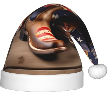 DRTGEDS American Flag With Cowboy Boots Printing 14.2 X 11 Inch Santa Hat Christmas Winter Holiday Party Headwear Accessories Supplies