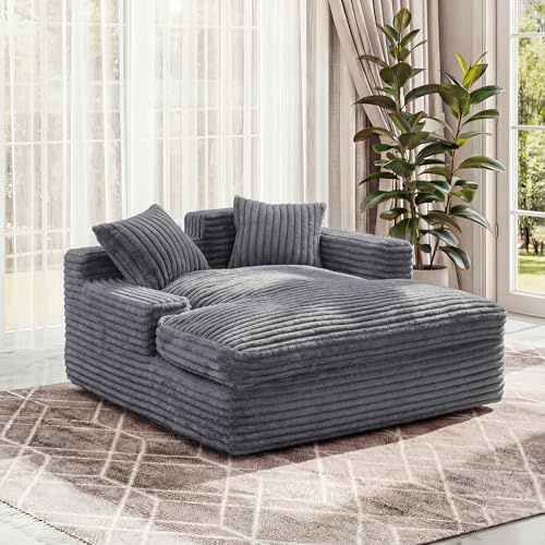 LELEFIDO Moderna silla chaise longue para interiores, sofá cama de pana de gran tamaño 152 x 135 cm, cómodo sofá cama acolchado con 2 almohadas, sofá en la nube para dormitorio y sala de estar (gris)