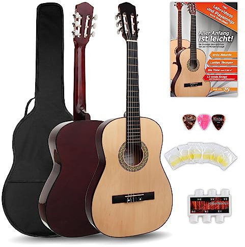 Classic Cantabile AS-851 7/8 Konzertgitarre Starter Set (Komplettes Anfänger Set mit Klassik Gitarre, Gigbag Tasche, Nylonsaiten, Lehrbuch/Schule, 3x Plektren und Stimmpfeife)