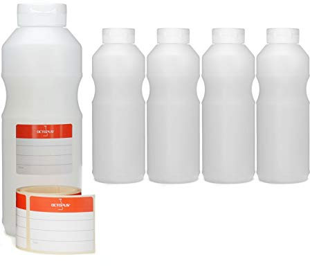 Octopus 5x 500 ml Quetschflaschen, Dosierflaschen mit Klappdeckel und Silikonöffnung, Ketchupflaschen bzw. Saucenflaschen, inkl. Beschriftungsetiketten