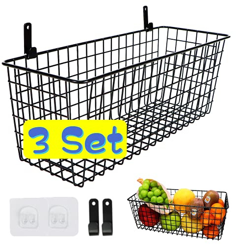Joben Oligey 3 Set [Extra Large] Hanging Wall Baskets ,Wire Basket For Storage Pantry, Farmhouse Food Storage Kitchen Pantry Laundry Closet Garage RV ,Black