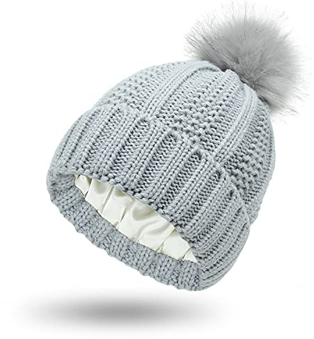 Womens Satin Lined Winter Beanie Cable Knit Beanie for Women Silk Lining Thick Chunky Hats Skull Warm Cap, Pom-Light Grey, One Size