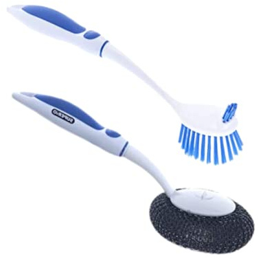 Dish Washing Vegetable Brush Scrubber with Stainless Steel Grill Brush, Scourer Sponge Brush Set with Long Handle and Rubber Grip, Non-Scratch, Kitchen Cleaning Set (2 Pack, Blue)