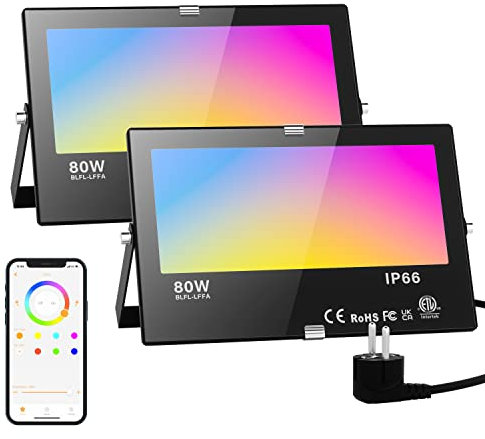 RGB LED Strahler Außen Kaltweiß 80W Fluter Smart Flutlicht Bunt Mit Bluetooth APP-Steuerung IP66 Wasserdicht Außenstrahler Million Farben Dimmbar Gartenbeleuchtung für Aussen Innen Party Garten 2 Stk