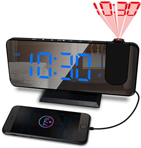 CENTOLLA Projector Alarm Clock For Bedroom,7.4 inch Large Projection Alarm Clock with 180°Projector, USB Charger, Dimmer, Projector Clock for Bedroom Desk Decor（Plug not Included）