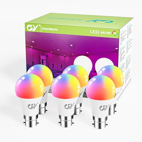 GY Lampadine LED Alexa Inteligente WiFi B22 9W 800LM A60, Multicolore regolabile RGBCW dimmerabile bulbo, applicazione di controllo 2700k-6500k, compatibile con Alexa/Google Home, 6 pezzi