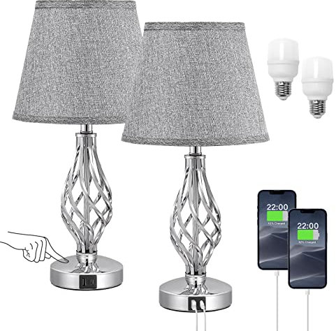Kakanuo Nachttischlampe 2er Set, Tischlampe Touch Dimmbar mit Ladefunktion USB A+C-Anschlüsse, Grauer Lampenschirm 2 LED-Birnen, Moderne Tischleuchte für Nachttisch Wohnzimmer Schlafzimmer Büro Deko