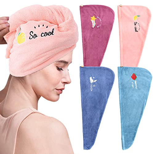 ZYNERY 4 Stück Mikrofaser-Haartücher, 4 Farben, schnell trocknendes Handtuch mit Knopf, schnell trocknendes Handtuch, super saugfähig, Trocknerhaube für trockenes und lockiges Haar, 4 Stück