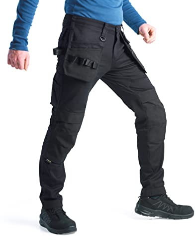 Bitco Pantalón de Trabajo – Bolsillos Cargo, Resistente al Agua y Aceite, Bolsillos para Rodilleras, Tejido Elástico, Paneles Flexibles, Refuerzos Cordura®, Negro, 50