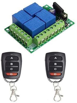 QIACHIP 433Mhz DC 12V 4 channel Wireless Relay Garage Door Remote Control Switch RF Receiver controller momentary shutter remote with Transmitter for Car,Motor, Entrance Control