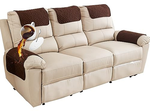 Sofa Armrest Cover, Headrest Cover for Recliner Chair Arm Cover, Armchair Slipcover with Pockets, Nonslip Quilted Furniture Protector for Pets Leather Sofa Couch (Coffee(Style B),3 Seater(5pcs))