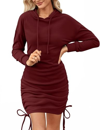 Aottori Vestido Mujer Elegante Sudadera Larga con Capucha Hoodie Pullover Casual Otoño Invierno Jersey Manga Larga Sólido Sudaderas Dress Vino Rojo M
