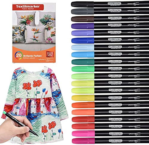 Waschmaschinenfeste Textilmarker, 20St Wasserfeste Textilstifte in Leuchtenden Farben, Nicht Giftige Permanent Marker, Stoffmalfarben für Schuhe T-Shirts Taschen Stoffbeutel und Verschiedene Textilien