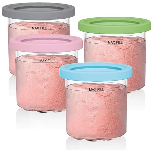 4 Pack Ice Cream Tubs for Ninja CREAMi Ice Cream Maker NC300UK NC300UKCP NC301 NC299AMZ Series, for Ninja Creamy Pint Containers Cups Replacement with Color Lids, BPA-Free & Dishwasher Safe