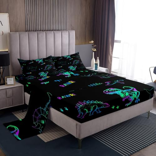 Trippy Dinosour Kids Sheet Queen Size,Wildlife Animals Paws Toddle Bedding Set,Boys Men Room Decor,Watercolor Neon Dinosaur Black Cute Bed Sheet Set 4pcs(Fitted + Flat + 2 Pillowcases)