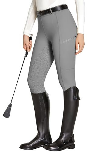 FitsT4 Sports Reitleggings Damen Reithose Mädchen Silikon vollbesatz mit Handytasche und Gürtelschlaufen für Reitsport Pferdetraining,Grau,S