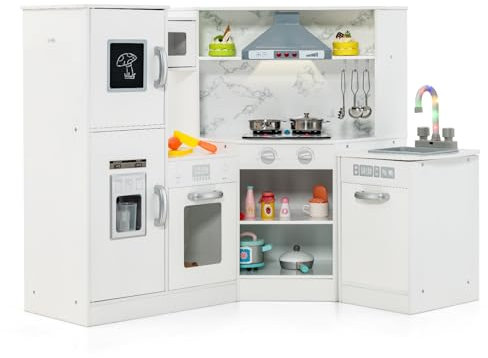 COSTWAY Kinderküche Holz, Spielküche mit Licht und Sound, Holzküche Eck mit Tafel, inkl. Zubehör, Spielzeugküche für Kinder ab 3 Jahren (Weiß)