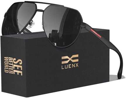 LUENX Aviator Sunglasses for Men Polarized Pilot Shades UV400 Sun Glasses 61mm,Black Lens Matte Black Frame