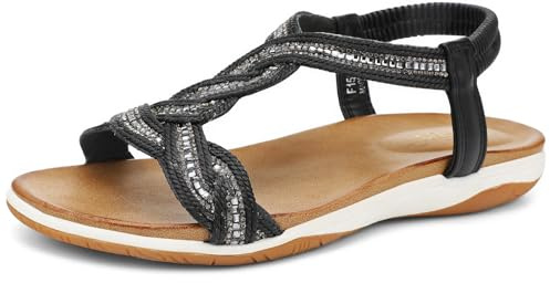 UBFEN Flat Sandals For Women Dressy Walking Comfortable Sandal With Rhinestone Braid Elastic Strap Summer Vacation A Black Women US 7.5