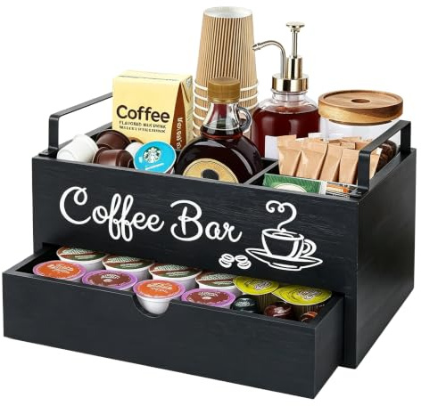Kaffe-bar-tillbehör-organisatör av trä med låda, kaffe-pods hållare | Lantlig stil, kaffemugghållare, förvaringsbox med handtag, för bänkskiva, för hemmakontor