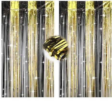 4 Pezzi Tende Metalliche Colorata, Tenda Lametta Per Decorare Feste Di Compleanno, Rave Party, Addio Al Celibato (Nero Oro 1m*2m)