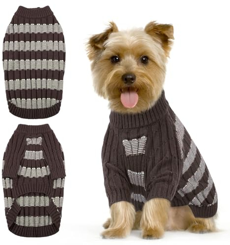Hjumarayan Jersey Perro Pequeño, Cálido y Elástico Sueter Perro Invierno Ropa Chihuahua Yorkshire, Rayas Jersey Punto con Agujero para Correa, Marrón S