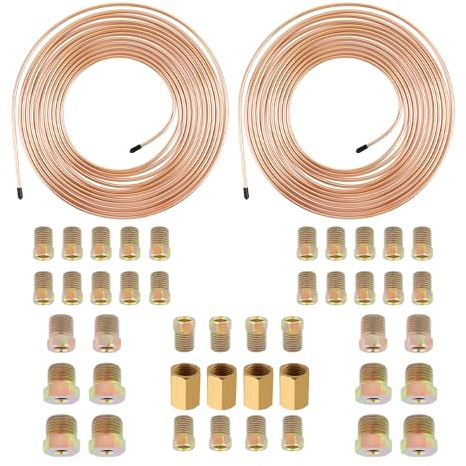2 Sets 3/16 Brake Lines Kit,25 Ft Flexible Copper Brake Line 3/16 with Brakes Line Fittings(32pcs Fittings,8pcs Nuts,4pcs Unions),Multi-purpose Copper Tubing for Braking,Fuel Systems